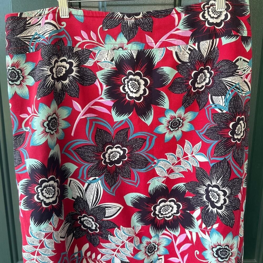 Talbots Red Floral Cotton Skirt 14W Stretch Waist Summer Resort Preppy